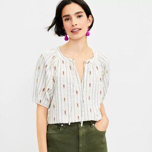 LOFT Embroidered Tie Neck Blouse